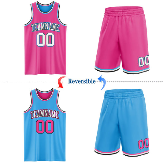 Custom Reversible Pink Black-Sky Blue Double Side Sublimation Basketball Suit Jersey - Sky-Custom
