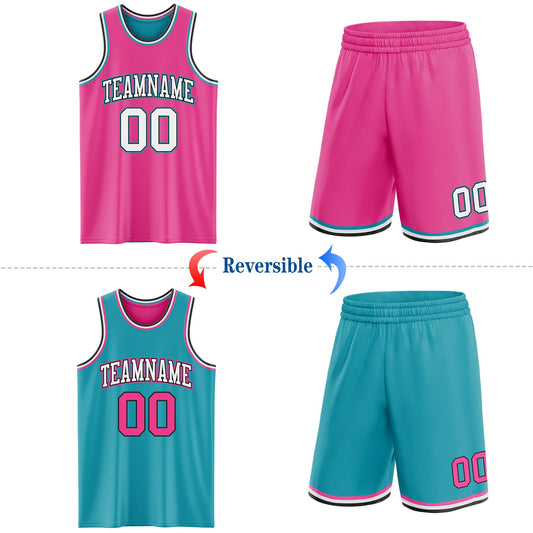 Custom Reversible Pink Black-Teal Double Side Sublimation Basketball Suit Jersey - Sky-Custom
