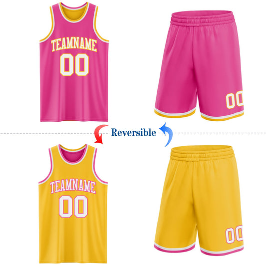 Custom Reversible Pink White-Gold Double Side Sublimation Basketball Suit Jersey - Sky-Custom