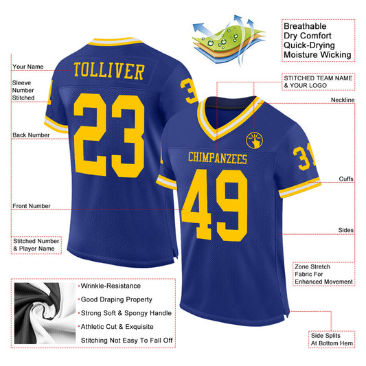 Custom Royal Gold-White Mesh Authentic Throwback Football Jersey - Sky-Custom