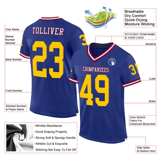 Custom Royal Gold-Maroon Mesh Authentic Throwback Football Jersey - Sky-Custom