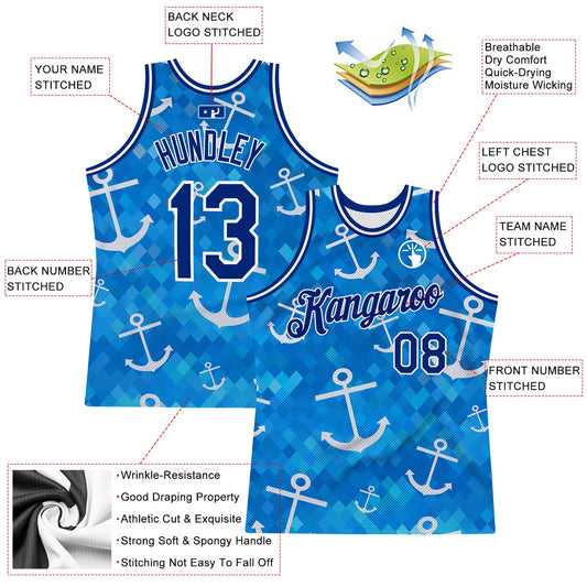 Custom Royal Royal-White 3D Pattern Design Anchors Authentic Basketball Jersey - Sky-Custom