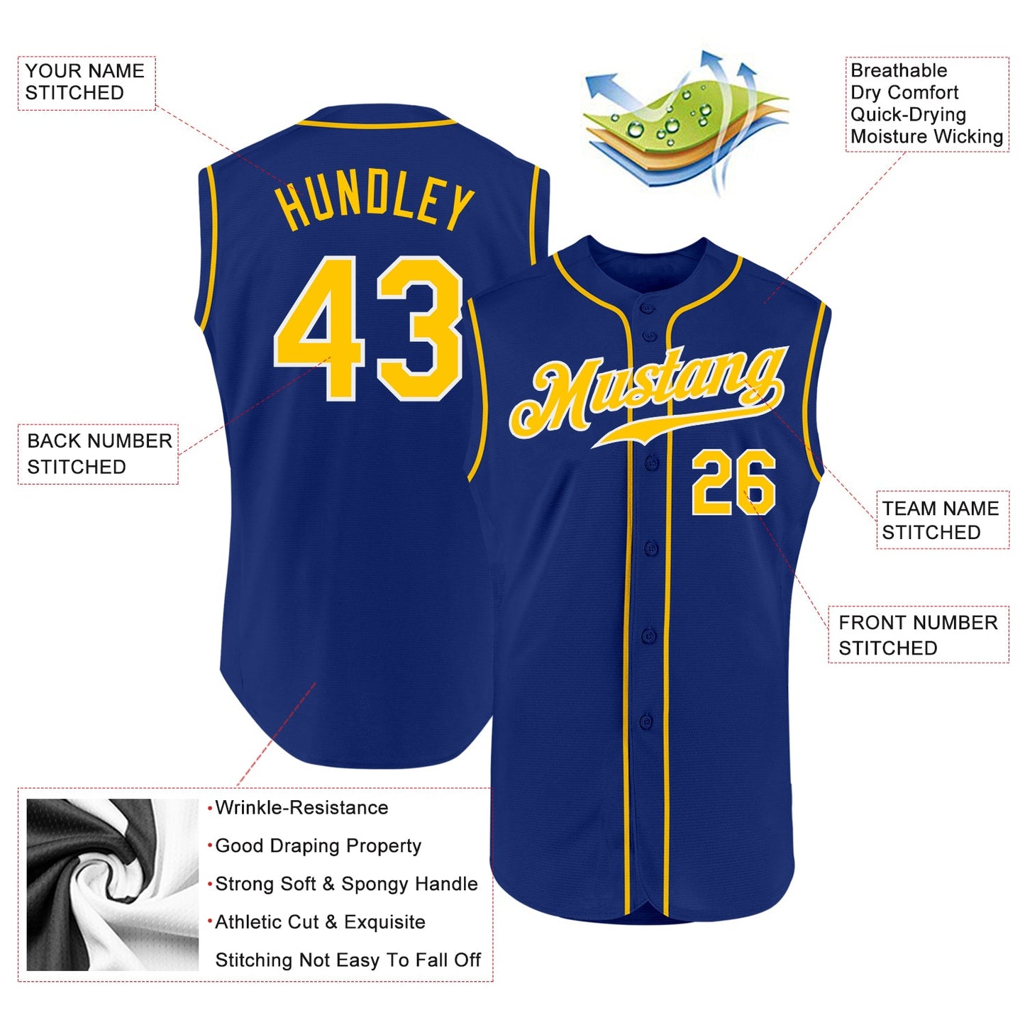 Custom Royal Gold-White Authentic Sleeveless Baseball Jersey - Sky-Custom