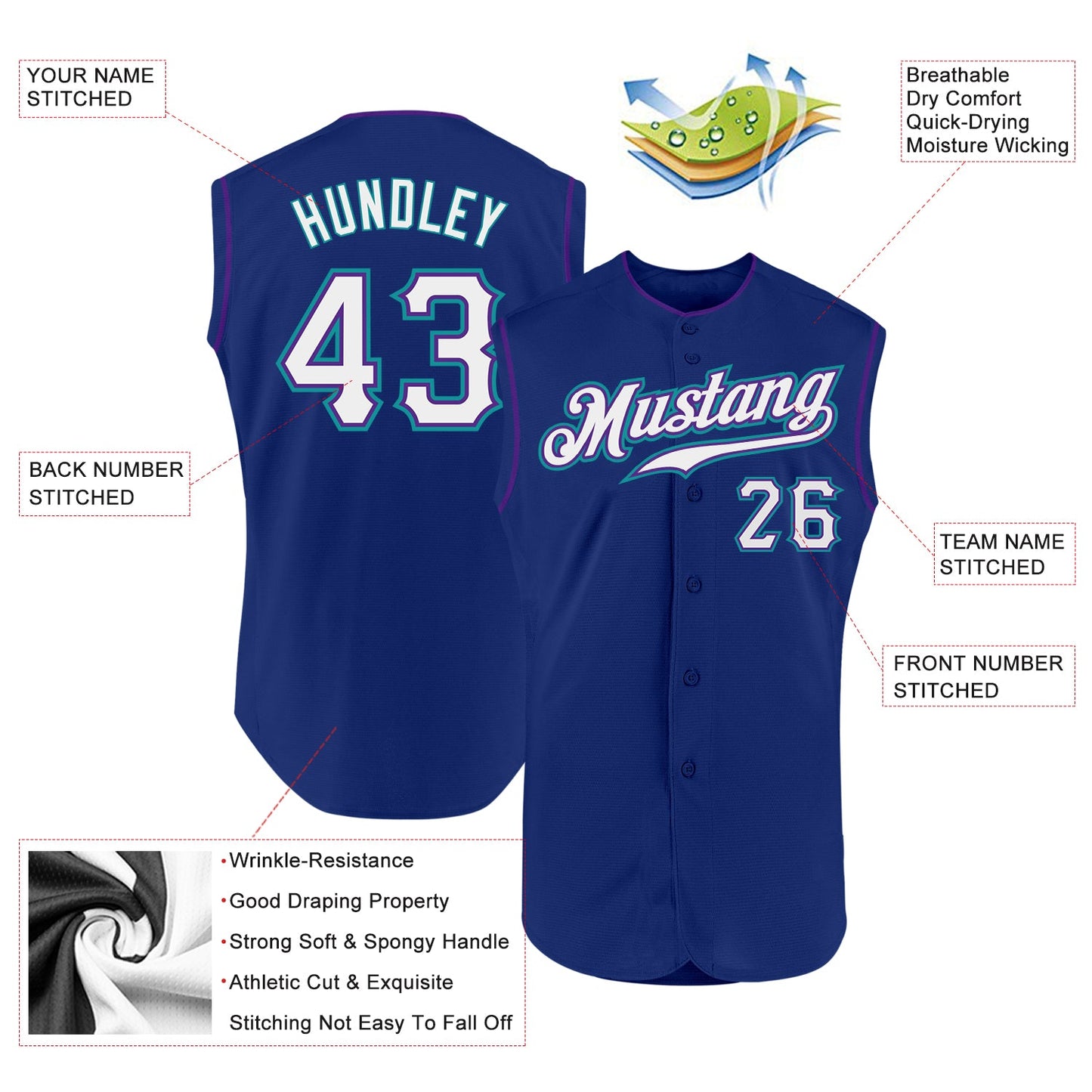 Custom Royal White Purple-Teal Authentic Sleeveless Baseball Jersey - Sky-Custom