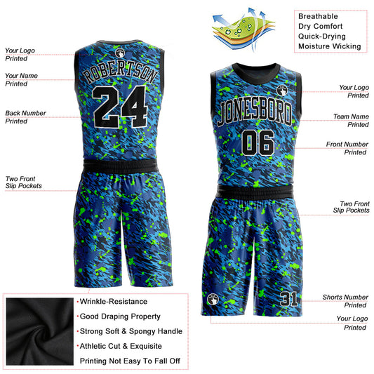 Custom Royal Black-Neon Green Music Festival Round Neck Sublimation Basketball Suit Jersey - Sky-Custom