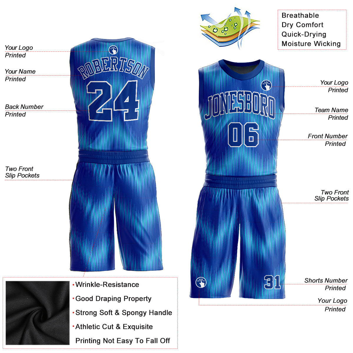 Custom Royal Royal-Light Blue Round Neck Sublimation Basketball Suit Jersey - Sky-Custom