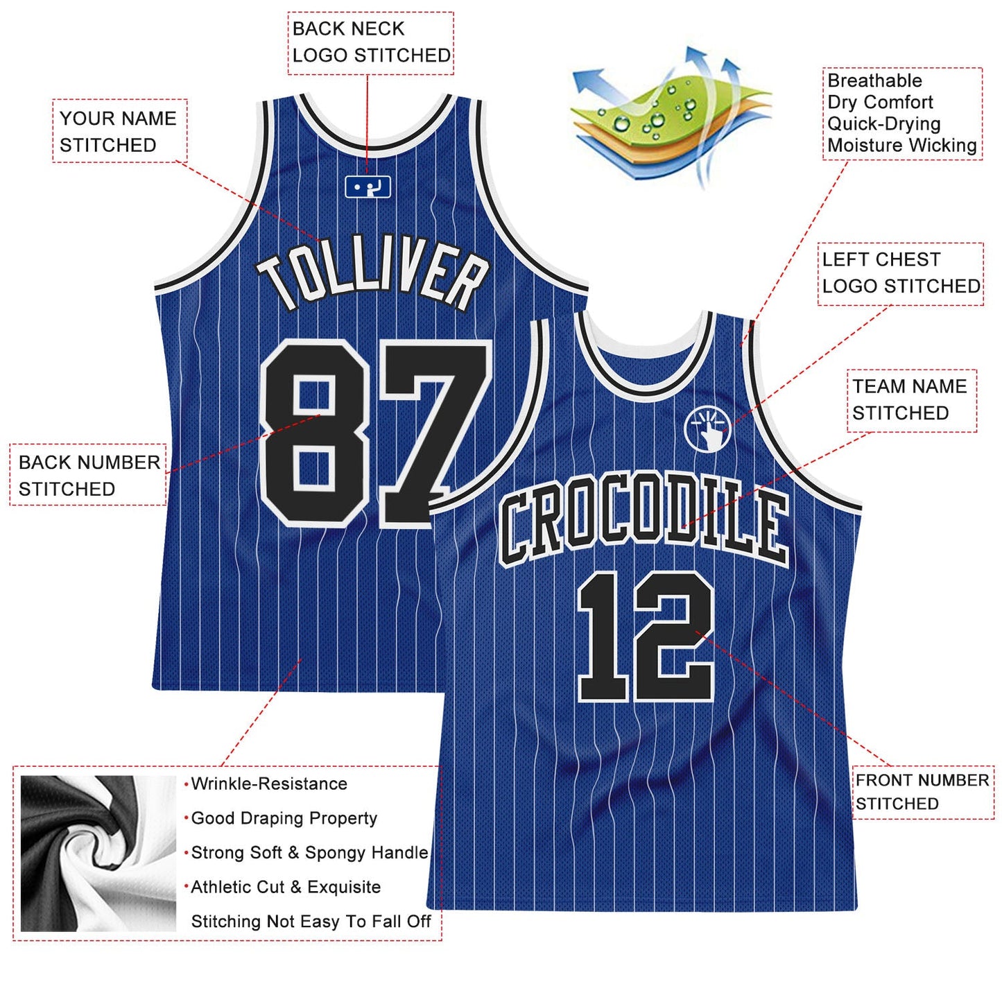 Custom Royal White Pinstripe Black-White Authentic Basketball Jersey - Sky-Custom