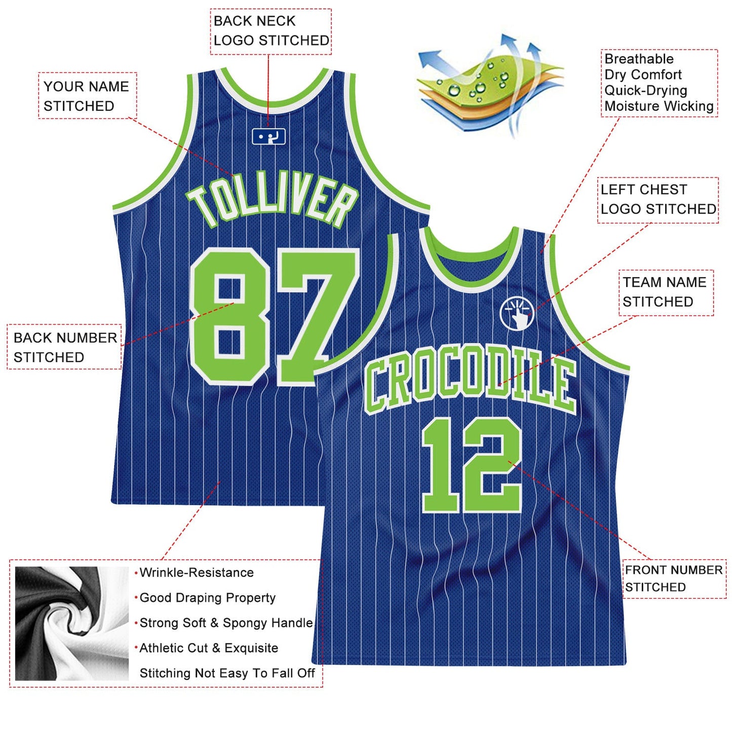 Custom Royal White Pinstripe Neon Green-White Authentic Basketball Jersey - Sky-Custom