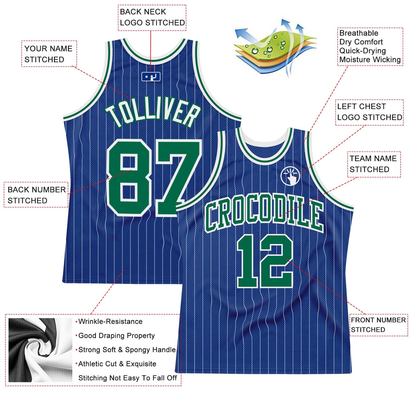 Custom Royal White Pinstripe Kelly Green-White Authentic Basketball Jersey - Sky-Custom