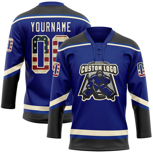 Custom Royal Vintage USA Flag Black-Cream Hockey Lace Neck Jersey - Sky-Custom