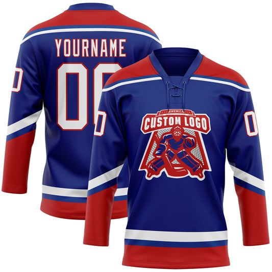 Custom Royal White-Red Hockey Lace Neck Jersey - Sky-Custom