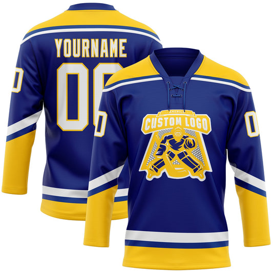 Custom Royal White-Yellow Hockey Lace Neck Jersey - Sky-Custom