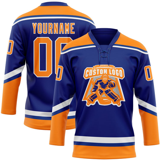 Custom Royal Bay Orange-White Hockey Lace Neck Jersey - Sky-Custom