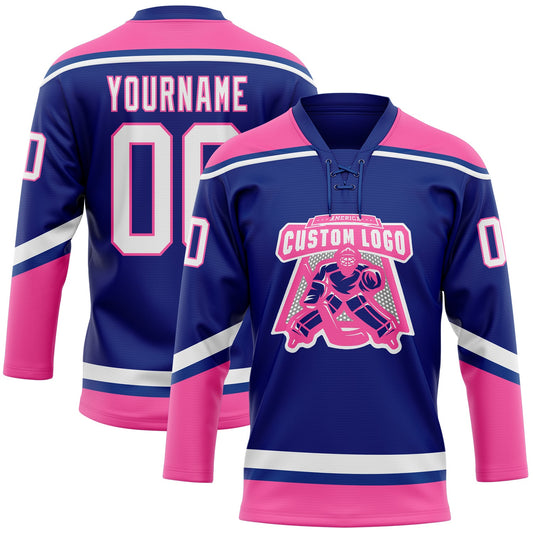 Custom Royal White-Pink Hockey Lace Neck Jersey - Sky-Custom