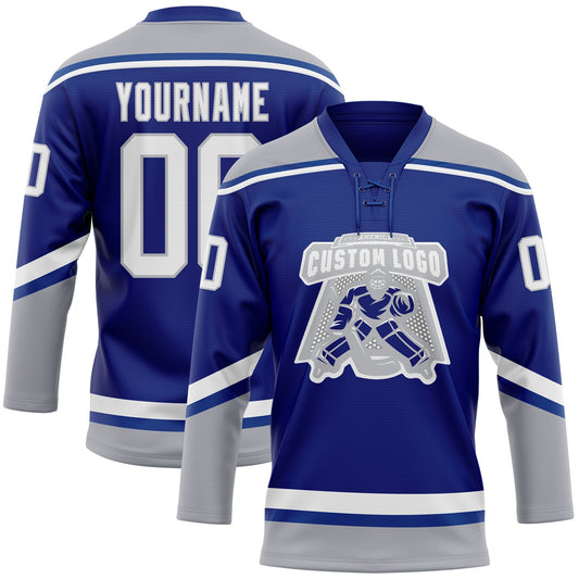 Custom Royal White-Gray Hockey Lace Neck Jersey - Sky-Custom