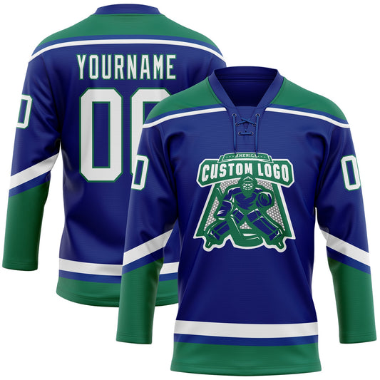 Custom Royal White-Kelly Green Hockey Lace Neck Jersey - Sky-Custom
