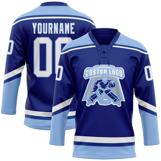 Custom Royal White-Light Blue Hockey Lace Neck Jersey - Sky-Custom