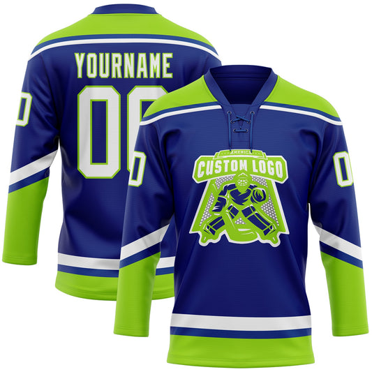 Custom Royal White-Neon Green Hockey Lace Neck Jersey - Sky-Custom