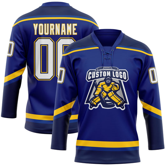Custom Royal White Navy-Yellow Hockey Lace Neck Jersey - Sky-Custom