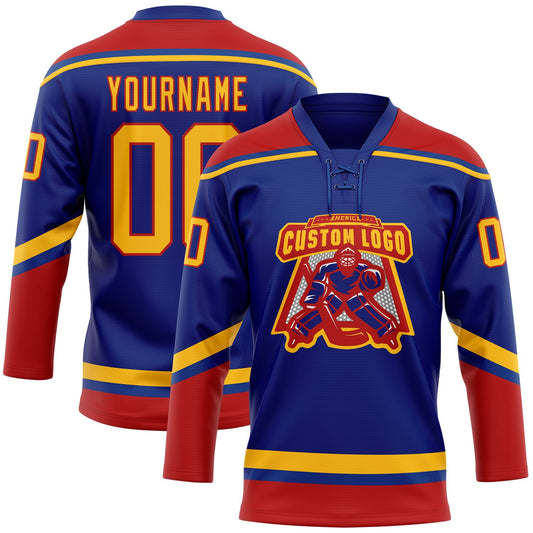 Custom Royal Gold-Red Hockey Lace Neck Jersey - Sky-Custom