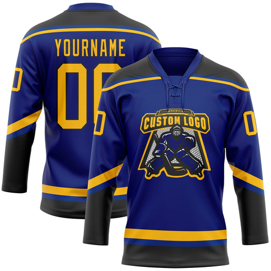 Custom Royal Gold-Black Hockey Lace Neck Jersey - Sky-Custom