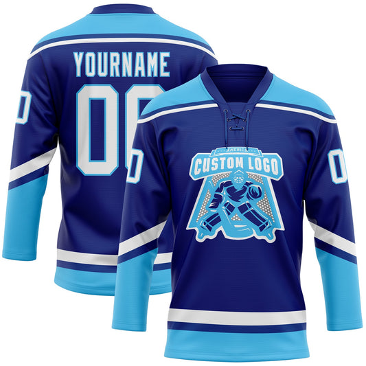 Custom Royal White-Sky Blue Hockey Lace Neck Jersey - Sky-Custom