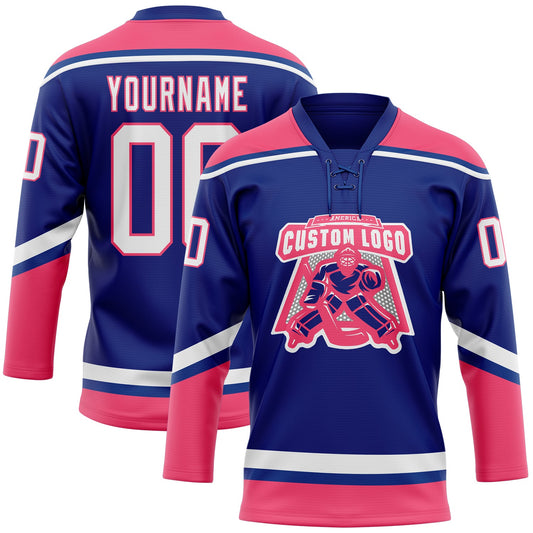 Custom Royal White-Neon Pink Hockey Lace Neck Jersey - Sky-Custom