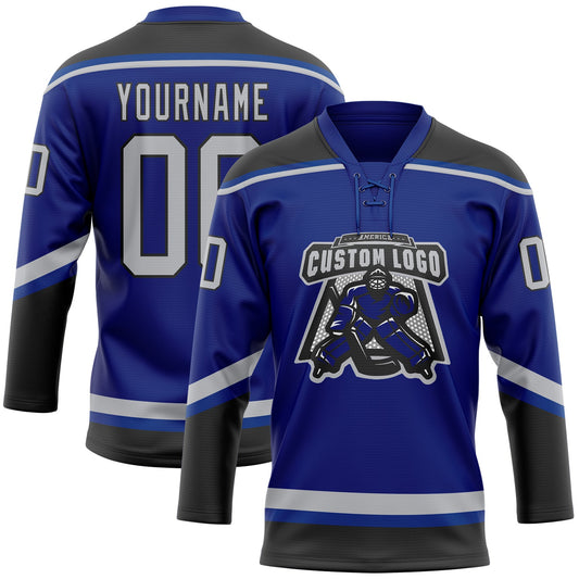Custom Royal Gray-Black Hockey Lace Neck Jersey - Sky-Custom