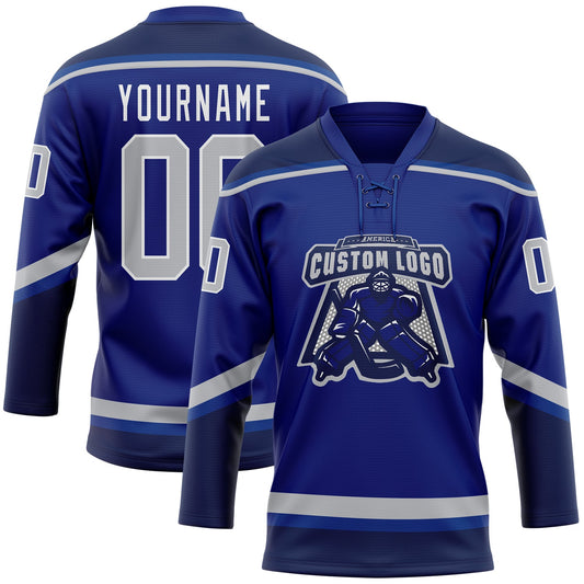 Custom Royal Gray-Navy Hockey Lace Neck Jersey - Sky-Custom