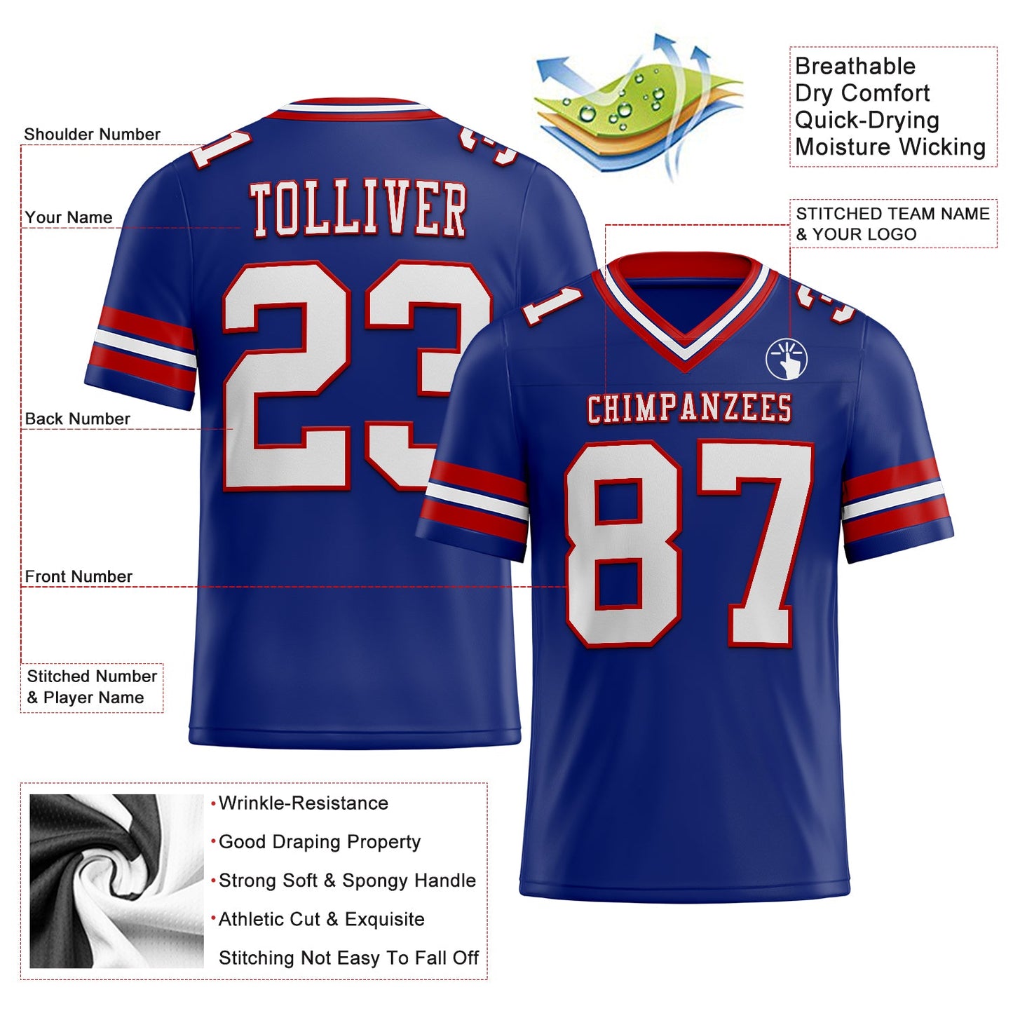 Custom Royal White-Red Mesh Authentic Football Jersey - Sky-Custom