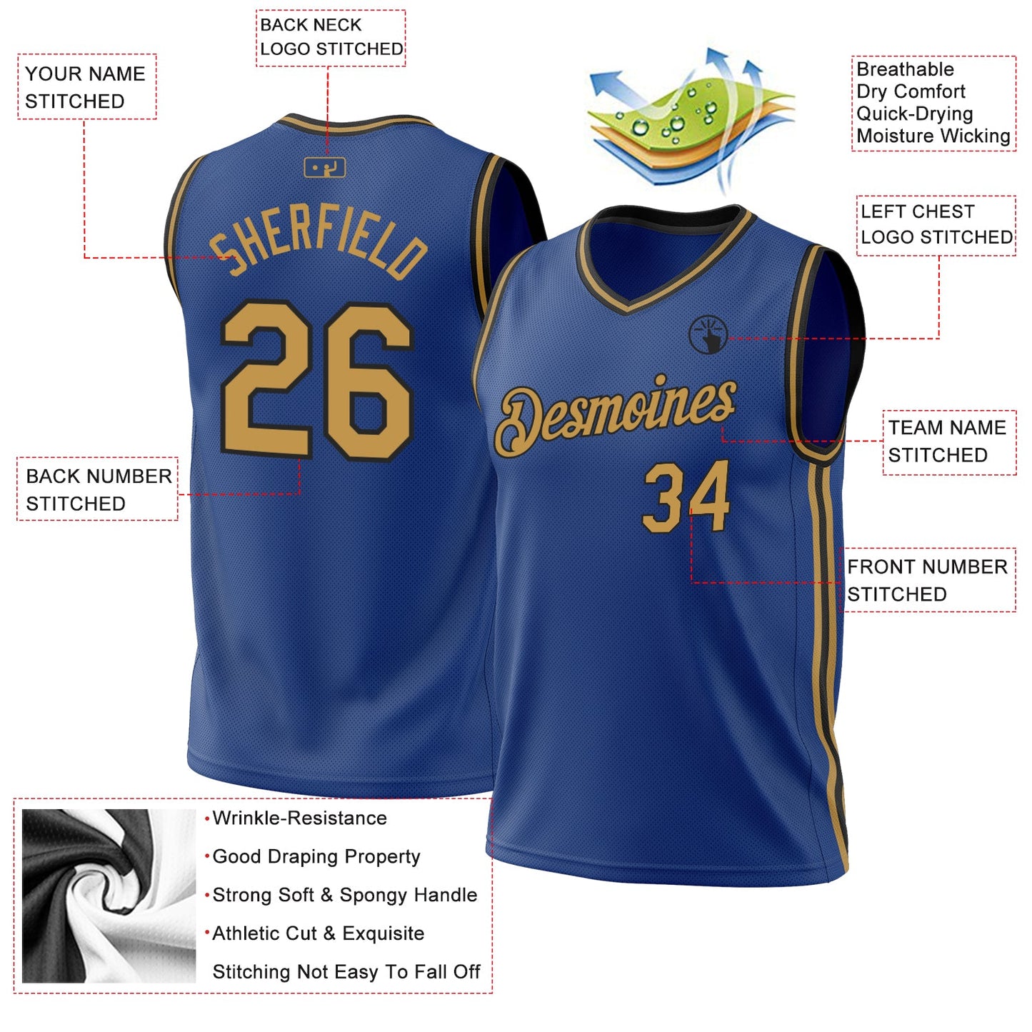 Custom Royal Old Gold-Black Authentic Throwback Basketball Jersey - Sky-Custom