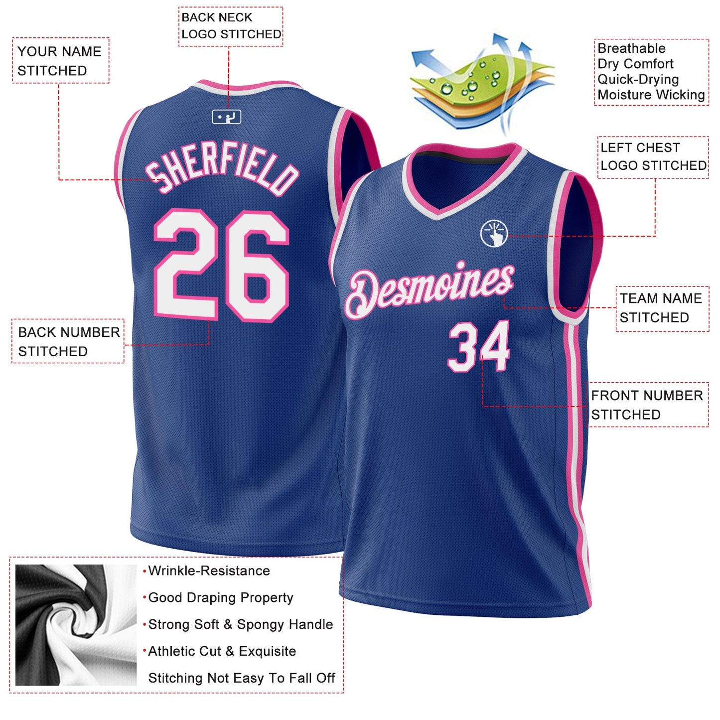 Custom Royal White-Pink Authentic Throwback Basketball Jersey - Sky-Custom
