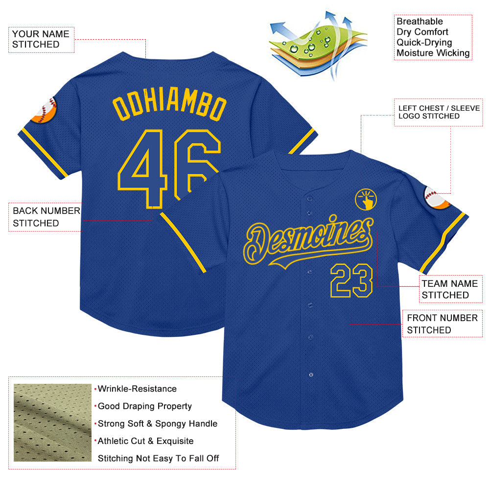 Custom Royal Yellow Mesh Authentic Throwback Baseball Jersey - Sky-Custom