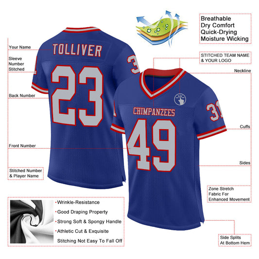 Custom Royal Gray-Red Mesh Authentic Throwback Football Jersey - Sky-Custom