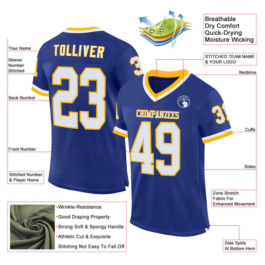 Custom Royal White-Gold Mesh Authentic Throwback Football Jersey - Sky-Custom