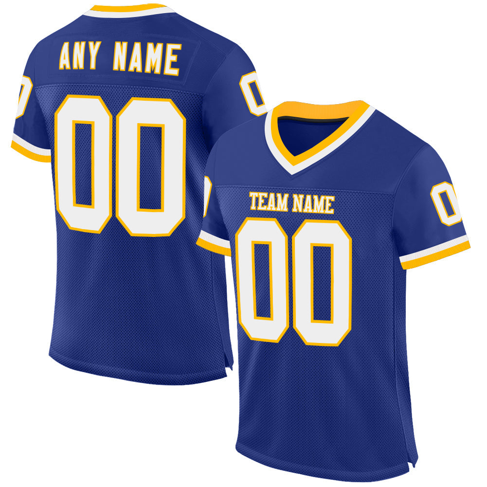 Custom Royal White-Gold Mesh Authentic Throwback Football Jersey - Sky-Custom