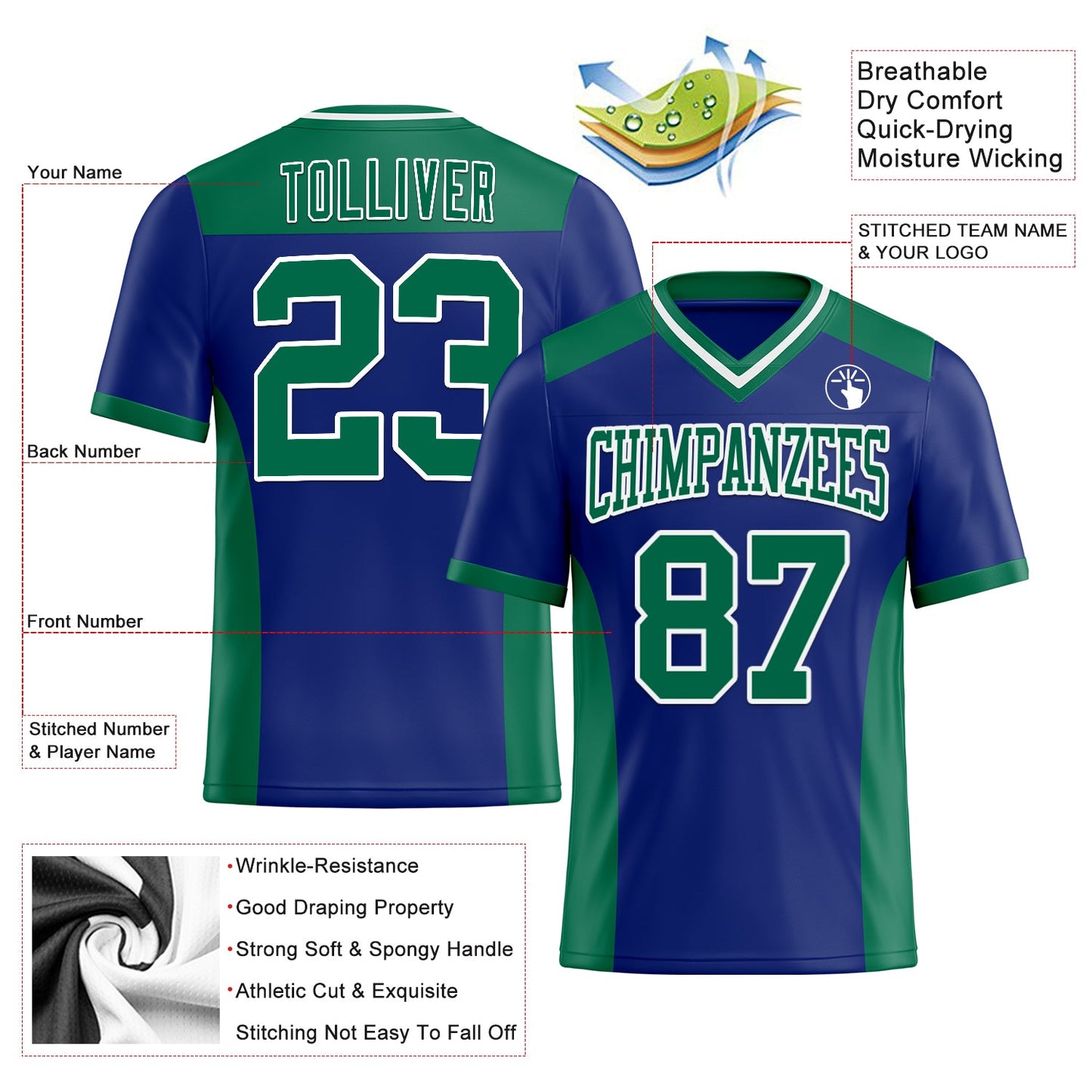 Custom Royal Kelly Green-White Mesh Authentic Football Jersey - Sky-Custom