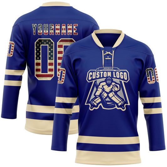 Custom Royal Vintage USA Flag-Cream Hockey Lace Neck Jersey - Sky-Custom