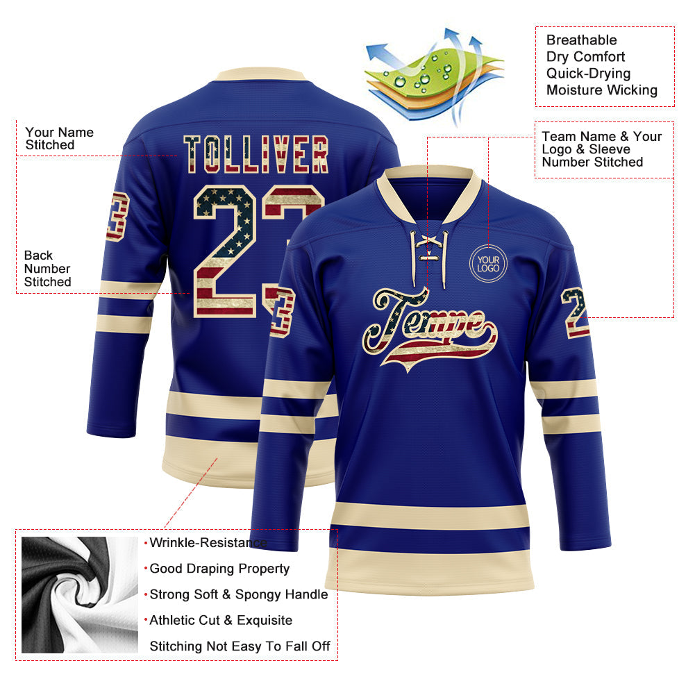 Custom Royal Vintage USA Flag-Cream Hockey Lace Neck Jersey - Sky-Custom