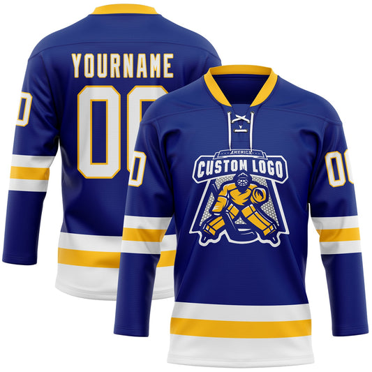Custom Royal White-Gold Hockey Lace Neck Jersey - Sky-Custom