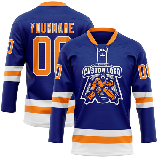 Custom Royal Bay Orange-White Hockey Lace Neck Jersey - Sky-Custom