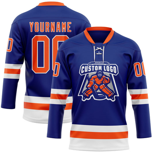 Custom Royal Orange-White Hockey Lace Neck Jersey - Sky-Custom