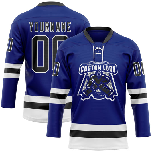Custom Royal Black-White Hockey Lace Neck Jersey - Sky-Custom