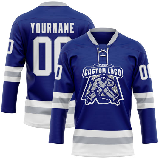 Custom Royal White-Gray Hockey Lace Neck Jersey - Sky-Custom