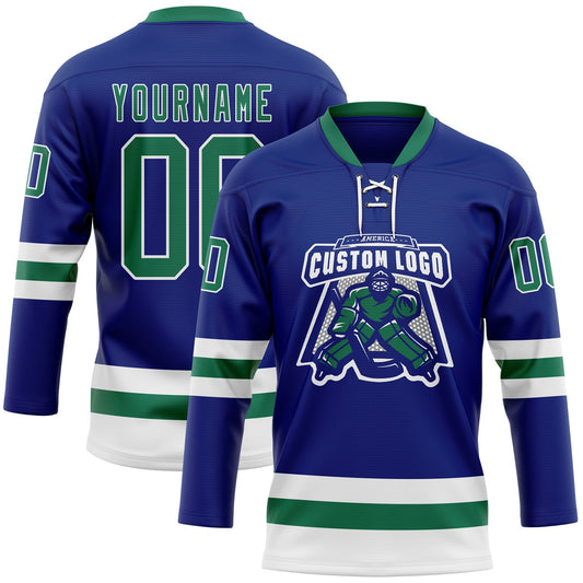 Custom Royal Kelly Green-White Hockey Lace Neck Jersey - Sky-Custom