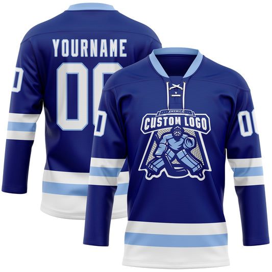 Custom Royal White-Light Blue Hockey Lace Neck Jersey - Sky-Custom