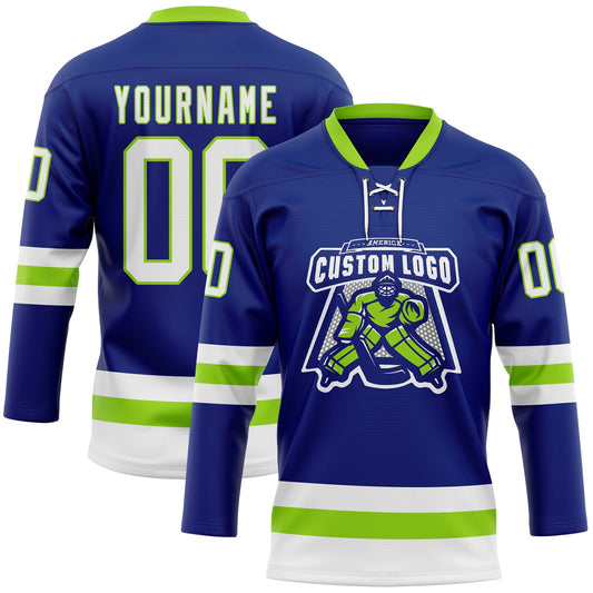 Custom Royal White-Neon Green Hockey Lace Neck Jersey - Sky-Custom