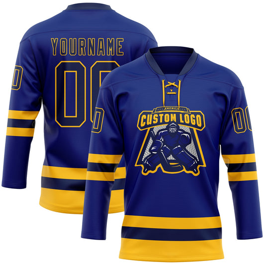 Custom Royal Navy-Gold Hockey Lace Neck Jersey - Sky-Custom