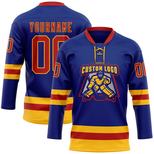 Custom Royal Red-Gold Hockey Lace Neck Jersey - Sky-Custom