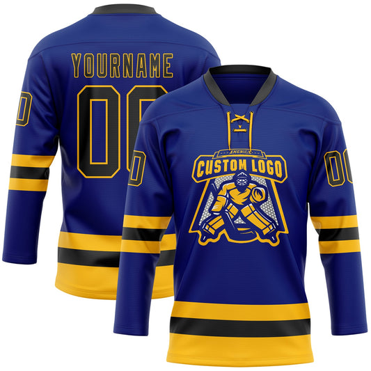 Custom Royal Black-Gold Hockey Lace Neck Jersey - Sky-Custom